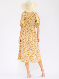 WOMEN'S SHORT SLEEVE SMOCK RUCHED FRONT POCKETS FLORAL MIDI DRESS
