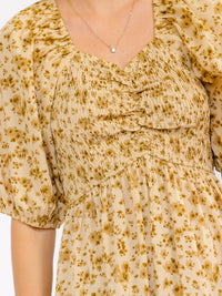 WOMEN'S SHORT SLEEVE SMOCK RUCHED FRONT POCKETS FLORAL MIDI DRESS