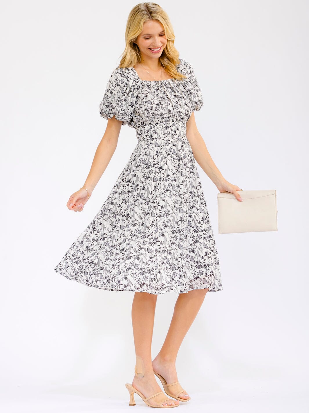 WOMEN'S SHORT PUFF SLEEVE SQUARE NECK FLORAL MINI DRESS