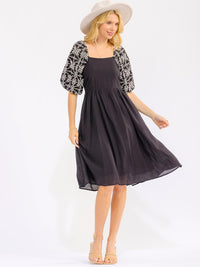 WOMEN'S SHORT PUFF SLEEVE SQUARE NECK FRONT POCKETS SMOCK STITCHED MINI DRESS