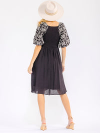 WOMEN'S SHORT PUFF SLEEVE SQUARE NECK FRONT POCKETS SMOCK STITCHED MINI DRESS