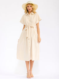WOMEN'S SHORT SLEEVE BUTTON UP FRONT POCKETS SELF TIE MIDI DRESS