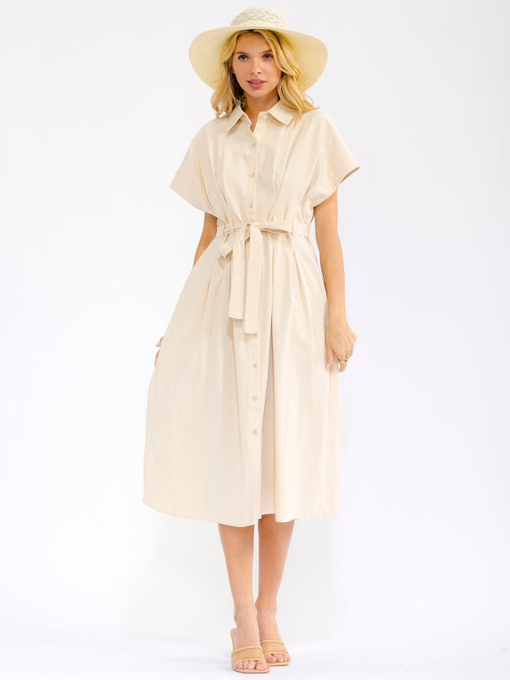 WOMEN'S SHORT SLEEVE BUTTON UP FRONT POCKETS SELF TIE MIDI DRESS