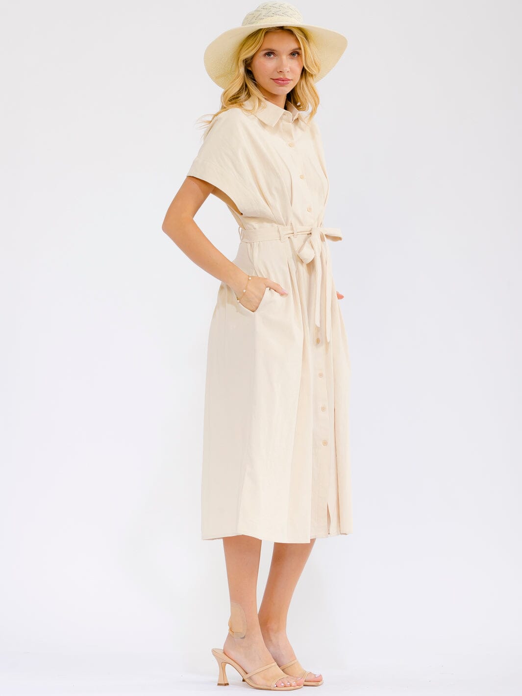 WOMEN'S SHORT SLEEVE BUTTON UP FRONT POCKETS SELF TIE MIDI DRESS