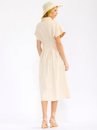 WOMEN'S SHORT SLEEVE BUTTON UP FRONT POCKETS SELF TIE MIDI DRESS