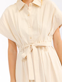 WOMEN'S SHORT SLEEVE BUTTON UP FRONT POCKETS SELF TIE MIDI DRESS