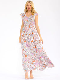 WOMEN'S RUFFLE SLEEVES V-NECK SMOCK FRONT POCKETS FLORAL MAXI DRESS