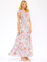WOMEN'S RUFFLE SLEEVES V-NECK SMOCK FRONT POCKETS FLORAL MAXI DRESS