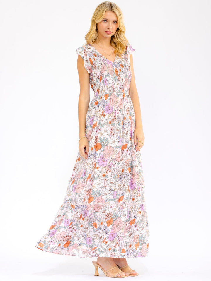 WOMEN'S RUFFLE SLEEVES V-NECK SMOCK FRONT POCKETS FLORAL MAXI DRESS