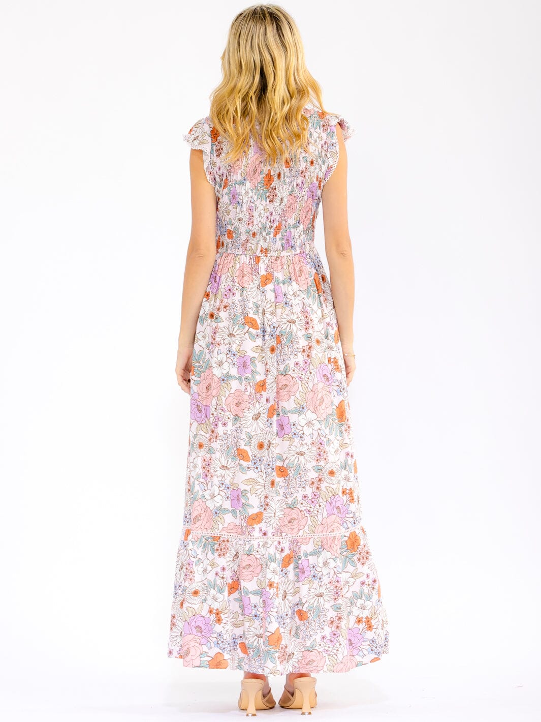 WOMEN'S RUFFLE SLEEVES V-NECK SMOCK FRONT POCKETS FLORAL MAXI DRESS