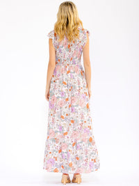 WOMEN'S RUFFLE SLEEVES V-NECK SMOCK FRONT POCKETS FLORAL MAXI DRESS