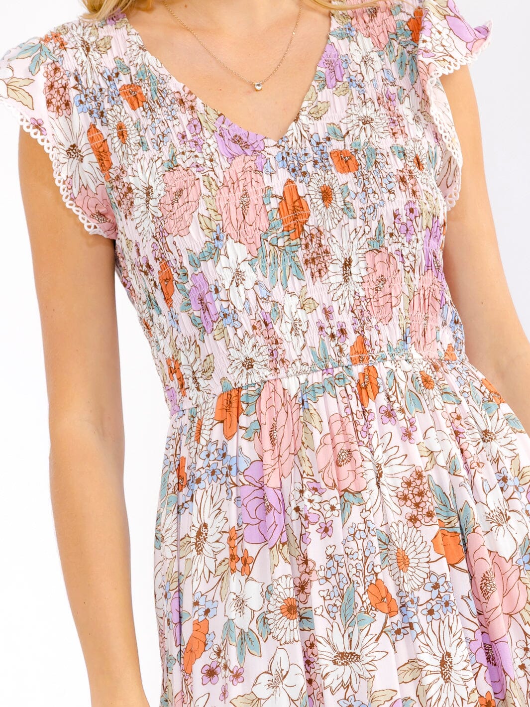 WOMEN'S RUFFLE SLEEVES V-NECK SMOCK FRONT POCKETS FLORAL MAXI DRESS