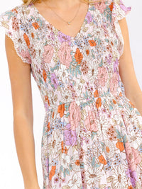 WOMEN'S RUFFLE SLEEVES V-NECK SMOCK FRONT POCKETS FLORAL MAXI DRESS