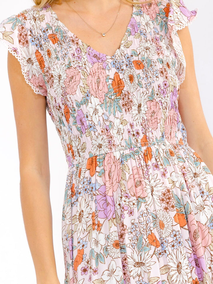 WOMEN'S RUFFLE SLEEVES V-NECK SMOCK FRONT POCKETS FLORAL MAXI DRESS