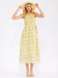 WOMEN'S SLEEVELESS SURPLICE SELF TIE FRONT POCKETS FLORAL WRAP MAXI DRESS