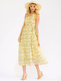 WOMEN'S SLEEVELESS SURPLICE SELF TIE FRONT POCKETS FLORAL WRAP MAXI DRESS