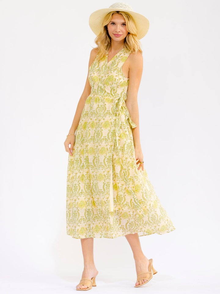 WOMEN'S SLEEVELESS SURPLICE SELF TIE FRONT POCKETS FLORAL WRAP MAXI DRESS