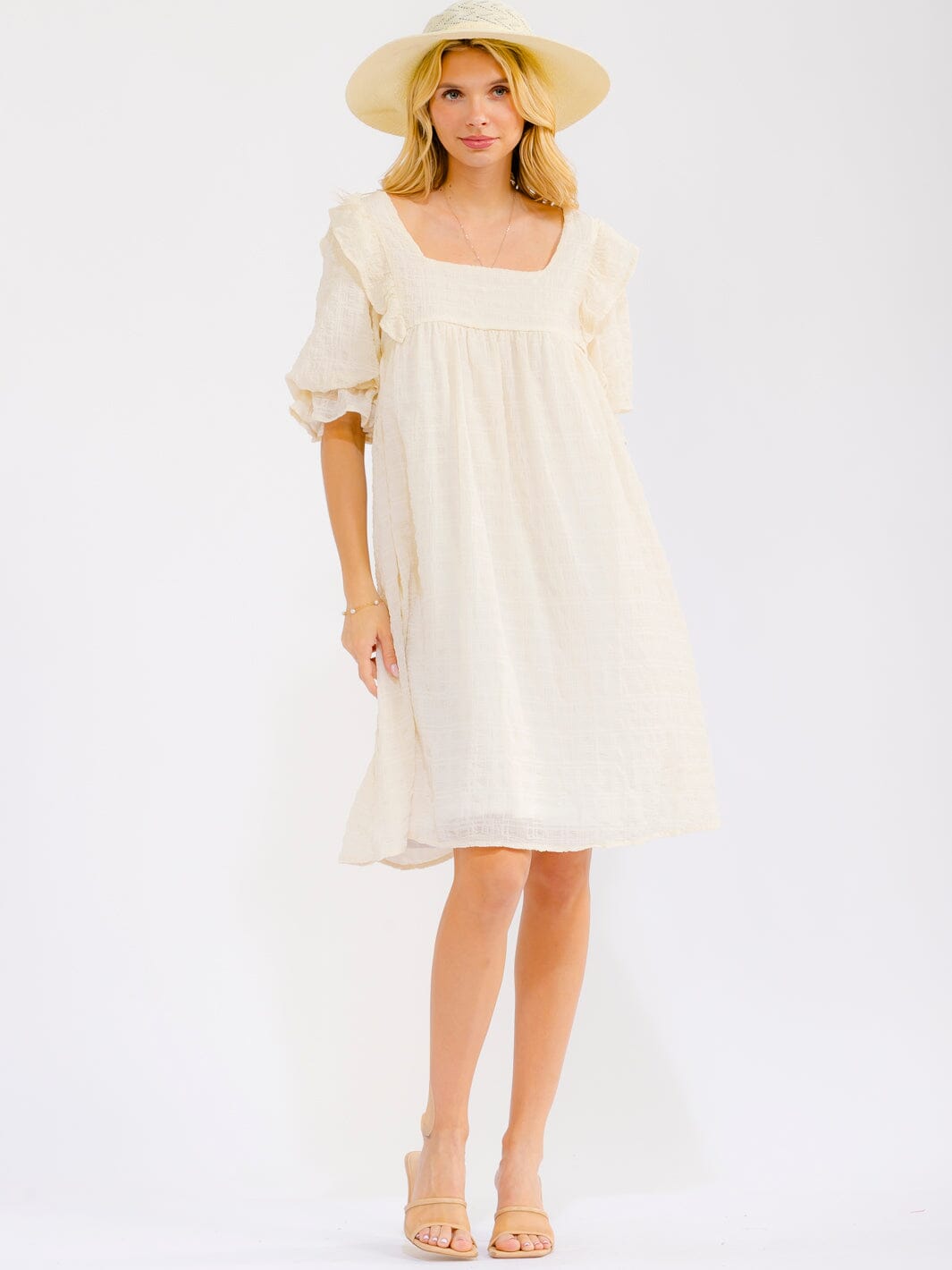 WOMEN'S SHORT PUFF SLEEVE SQUARE NECK LOOSE FIT DETAILED MINI DRESS