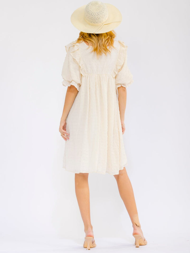 WOMEN'S SHORT PUFF SLEEVE SQUARE NECK LOOSE FIT DETAILED MINI DRESS