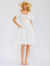 WOMEN'S SHORT PUFF SLEEVE ELASTIC WAIST FRONT POCKETS MINI DRESS