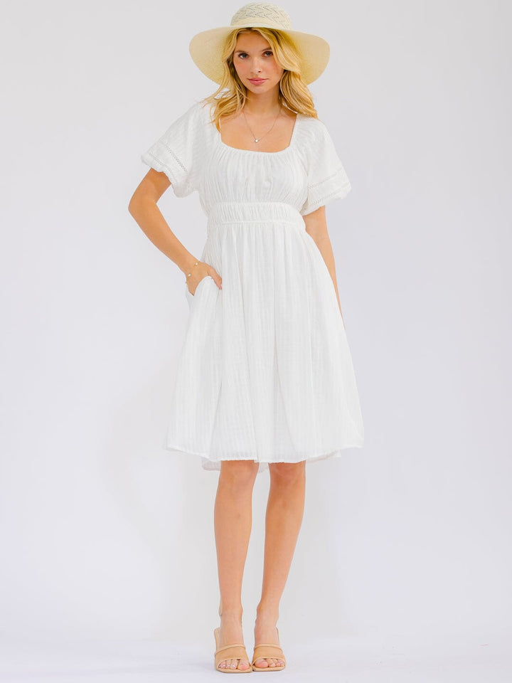 WOMEN'S SHORT PUFF SLEEVE ELASTIC WAIST FRONT POCKETS MINI DRESS
