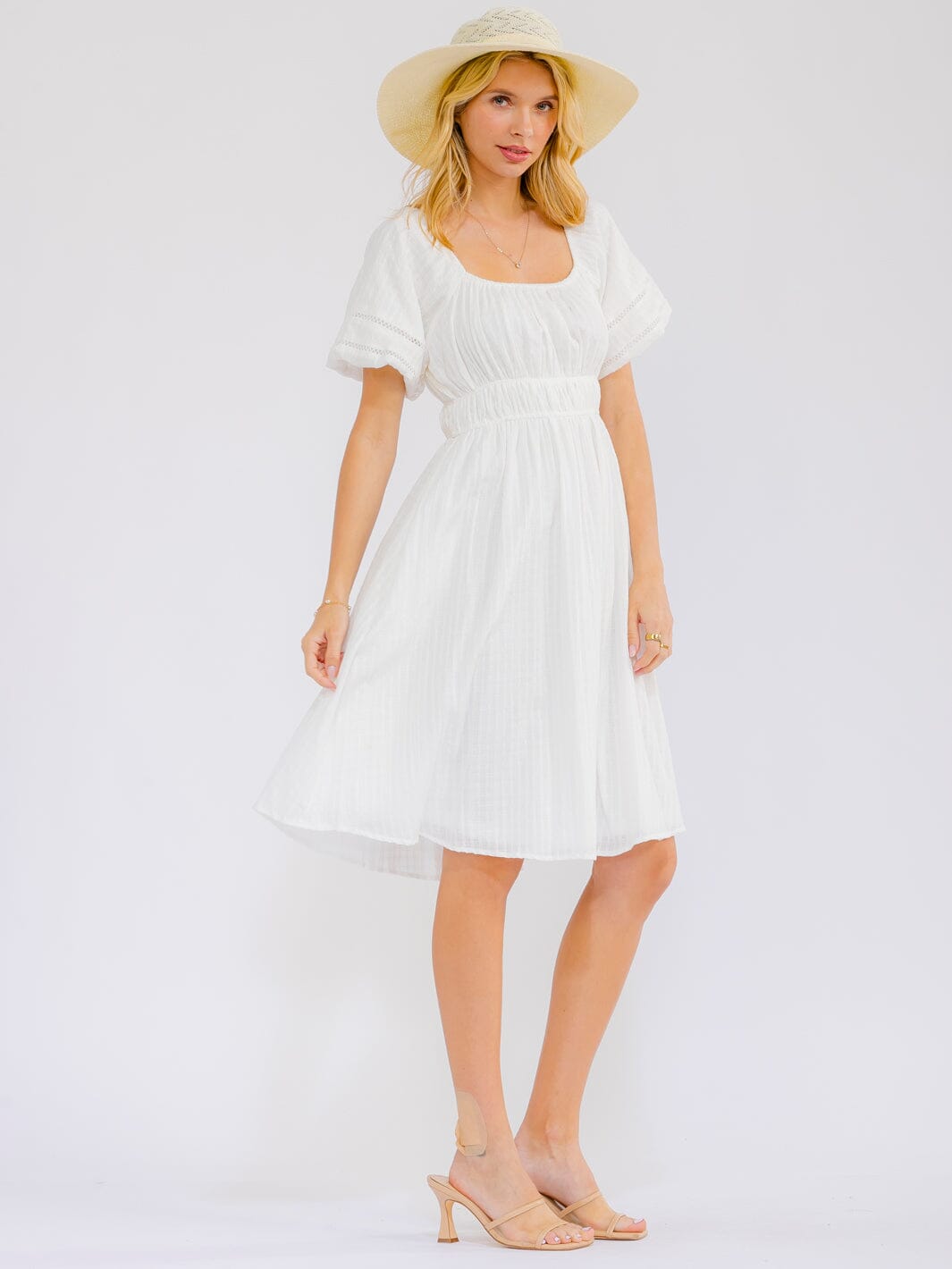 WOMEN'S SHORT PUFF SLEEVE ELASTIC WAIST FRONT POCKETS MINI DRESS