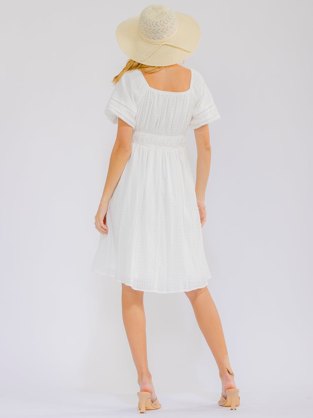 WOMEN'S SHORT PUFF SLEEVE ELASTIC WAIST FRONT POCKETS MINI DRESS