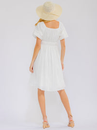 WOMEN'S SHORT PUFF SLEEVE ELASTIC WAIST FRONT POCKETS MINI DRESS