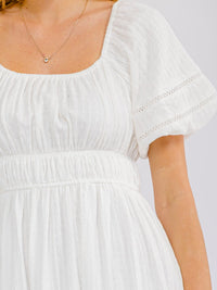 WOMEN'S SHORT PUFF SLEEVE ELASTIC WAIST FRONT POCKETS MINI DRESS