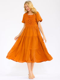 WOMEN'S SHORT PUFF SLEEVE SQUARE NECK POCKETS TIERED CROCHET MAXI DRESS