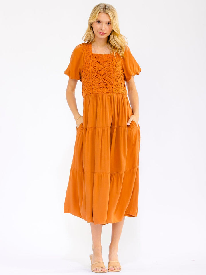 WOMEN'S SHORT PUFF SLEEVE SQUARE NECK POCKETS TIERED CROCHET MAXI DRESS