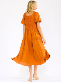 WOMEN'S SHORT PUFF SLEEVE SQUARE NECK POCKETS TIERED CROCHET MAXI DRESS