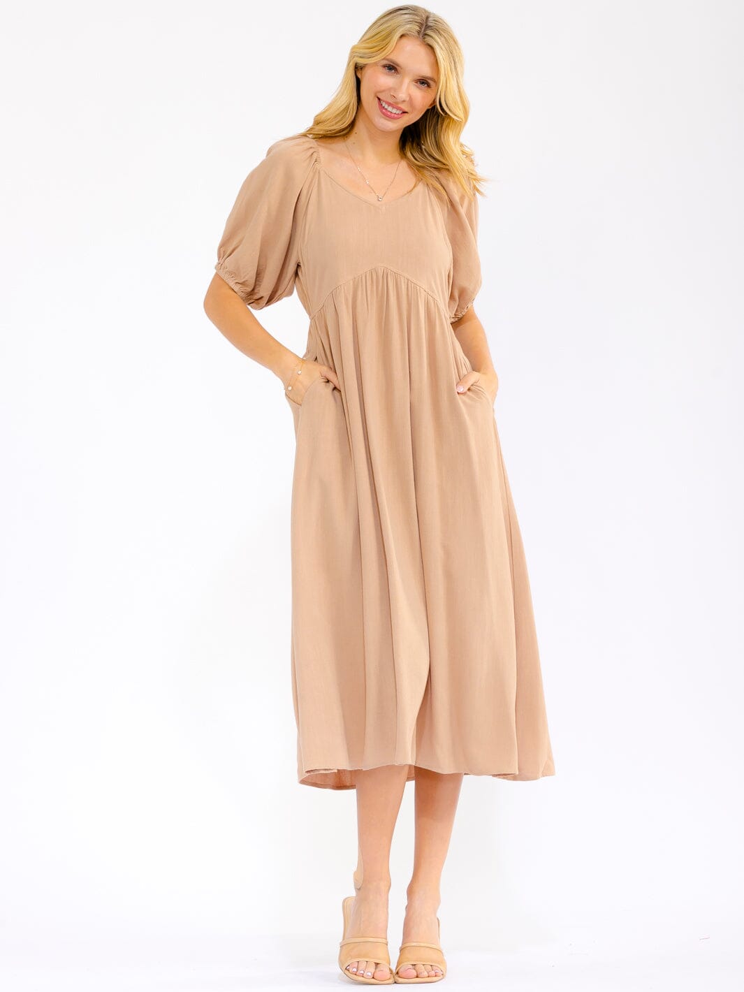 WOMEN'S SHORT PUFF SLEEVE FRONT POCKETS SOLID LINEN MAXI DRESS
