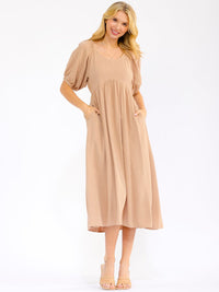 WOMEN'S SHORT PUFF SLEEVE FRONT POCKETS SOLID LINEN MAXI DRESS