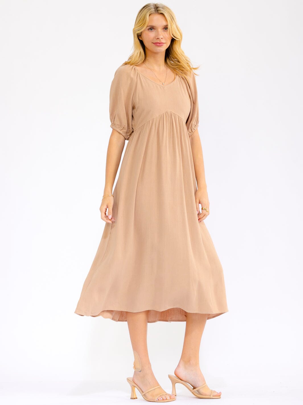 WOMEN'S SHORT PUFF SLEEVE FRONT POCKETS SOLID LINEN MAXI DRESS