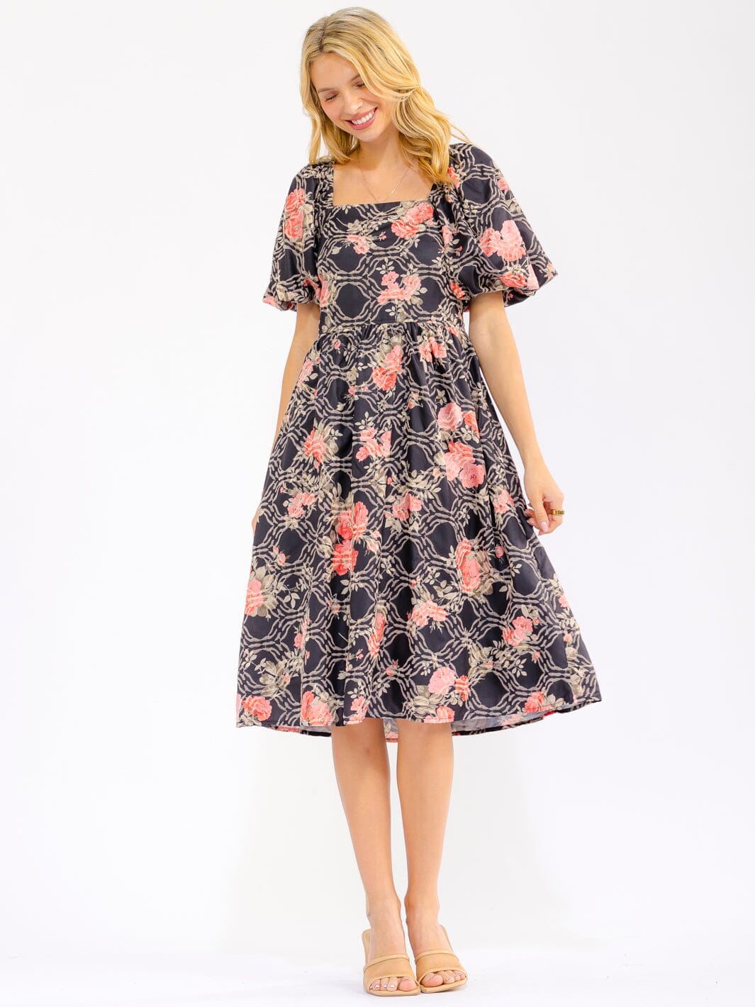 WOMEN'S SHORT PUFF SLEEVE SQUARE NECK POCKETS SMOCK STITCHED FLORAL MIDI DRESS