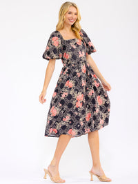 WOMEN'S SHORT PUFF SLEEVE SQUARE NECK POCKETS SMOCK STITCHED FLORAL MIDI DRESS