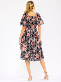 WOMEN'S SHORT PUFF SLEEVE SQUARE NECK POCKETS SMOCK STITCHED FLORAL MIDI DRESS