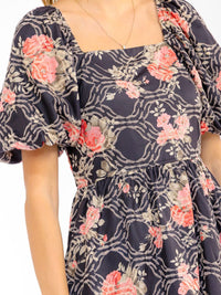 WOMEN'S SHORT PUFF SLEEVE SQUARE NECK POCKETS SMOCK STITCHED FLORAL MIDI DRESS