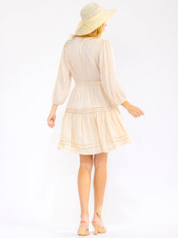 WOMEN'S 3/4 SLEEVE V-NECK FRONT POCKETS SELF TIE TIERED MINI DRESS