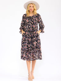 WOMEN'S LONG SLEEVE FRONT POCKETS FLORAL TIERED MIDI DRESS