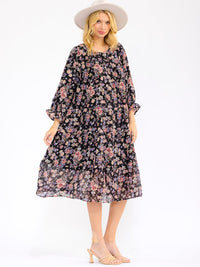 WOMEN'S LONG SLEEVE FRONT POCKETS FLORAL TIERED MIDI DRESS
