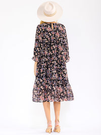 WOMEN'S LONG SLEEVE FRONT POCKETS FLORAL TIERED MIDI DRESS