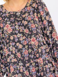 WOMEN'S LONG SLEEVE FRONT POCKETS FLORAL TIERED MIDI DRESS