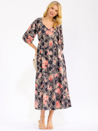 WOMEN'S SHORT PUFF SLEEVE V-NECK FRONT POCKETS FLORAL STITCHED MAXI DRESS