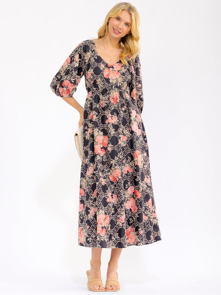 WOMEN'S SHORT PUFF SLEEVE V-NECK FRONT POCKETS FLORAL STITCHED MAXI DRESS
