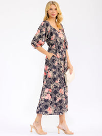 WOMEN'S SHORT PUFF SLEEVE V-NECK FRONT POCKETS FLORAL STITCHED MAXI DRESS
