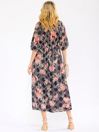 WOMEN'S SHORT PUFF SLEEVE V-NECK FRONT POCKETS FLORAL STITCHED MAXI DRESS
