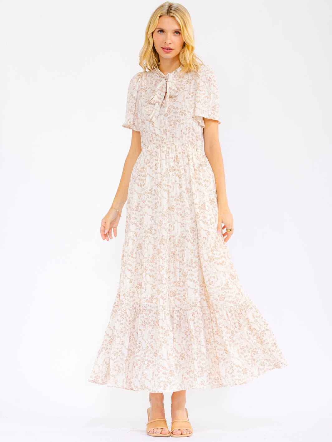 WOMEN'S SHORT SLEEVES V-NECK ELASTIC WAIST FRONT POCKETS FLORAL MAXI DRESS