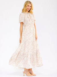 WOMEN'S SHORT SLEEVES V-NECK ELASTIC WAIST FRONT POCKETS FLORAL MAXI DRESS